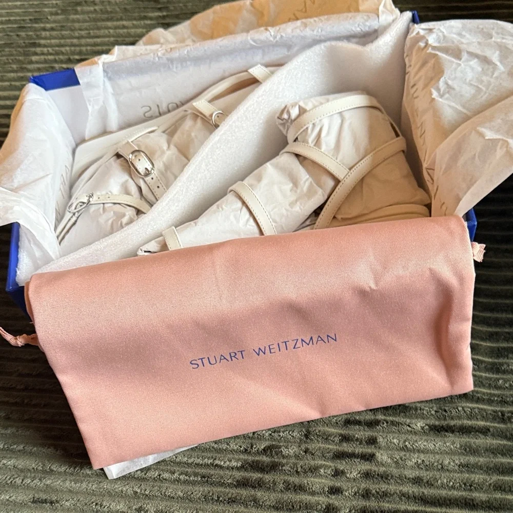NIB Stuart Weitzman Grecian Buckle Wedge Heel Sandal White Patent Leather Size 8 - Picture 3 of 5
